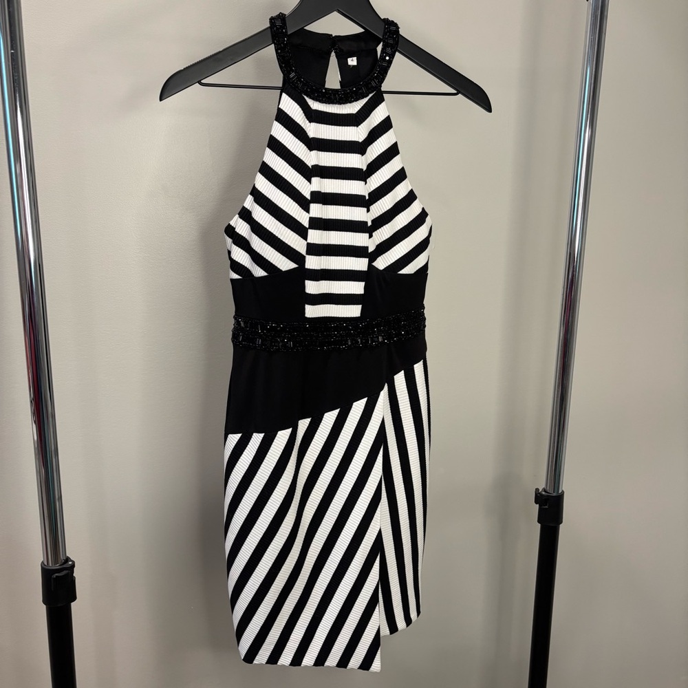 Tony Bowls Asymmetrical Black and White Halter Cocktail Dress
